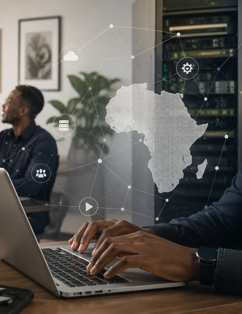 Professionnel au travail sur son ordinateur, avec une carte de l’Afrique en surimpression