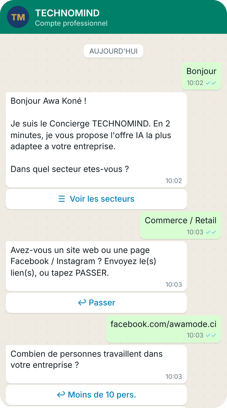 WhatsApp conversation in which the TECHNOMIND agent assesses a new prospect